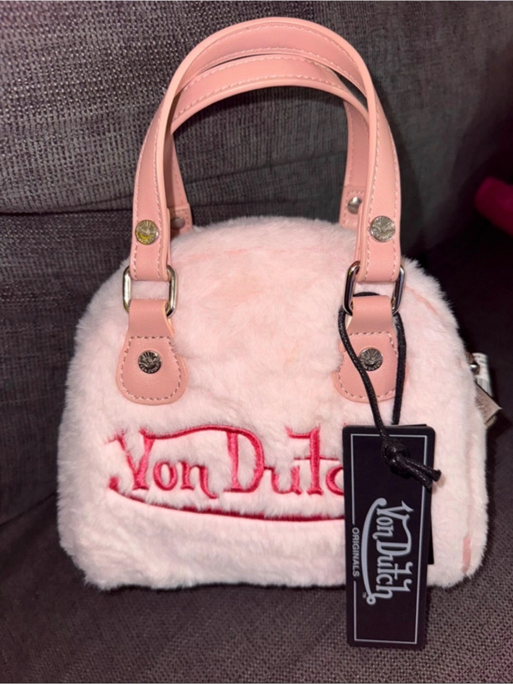 Von Dutch Light Pink Faux Fur Mini Tote with Red Logo